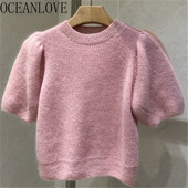 OCEANLOVE Ženski džemperi s puf rukavima Jednobojni Proljeće Jesen Jednostavni slatki puloveri Korejska moda Vintage Basics Sueter Mujer