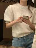 O λαιμόκοψη Μικτό σχέδιο χρωμάτων Φαρδιά κοντομάνικα πουλόβερ Γυναικεία απλά vintage άνοιξη καλοκαίρι 2023 Πλεκτά μπλουζάκια σε κορεατικό στυλ