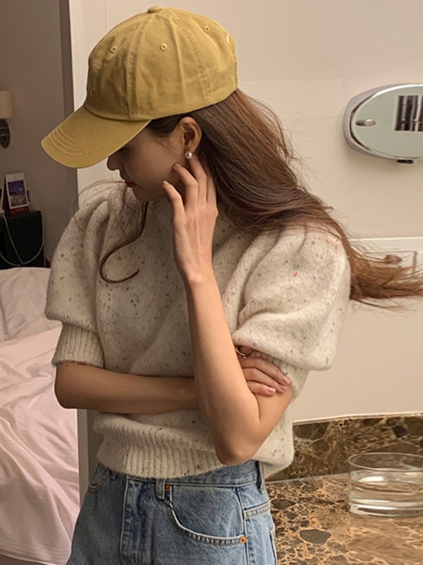 O λαιμόκοψη Μικτό σχέδιο χρωμάτων Φαρδιά κοντομάνικα πουλόβερ Γυναικεία απλά vintage άνοιξη καλοκαίρι 2023 Πλεκτά μπλουζάκια σε κορεατικό στυλ