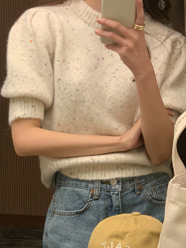 O λαιμόκοψη Μικτό σχέδιο χρωμάτων Φαρδιά κοντομάνικα πουλόβερ Γυναικεία απλά vintage άνοιξη καλοκαίρι 2023 Πλεκτά μπλουζάκια σε κορεατικό στυλ