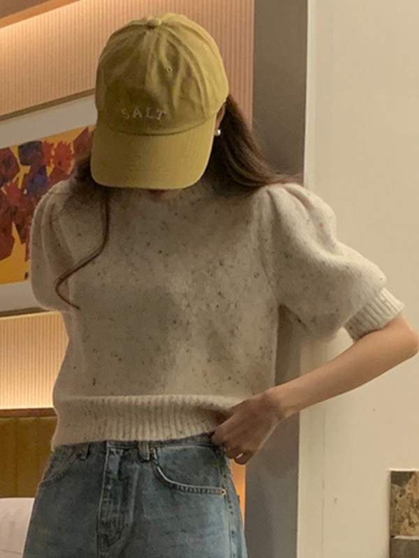 O λαιμόκοψη Μικτό σχέδιο χρωμάτων Φαρδιά κοντομάνικα πουλόβερ Γυναικεία απλά vintage άνοιξη καλοκαίρι 2023 Πλεκτά μπλουζάκια σε κορεατικό στυλ