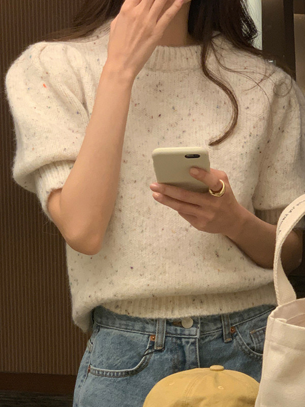 O λαιμόκοψη Μικτό σχέδιο χρωμάτων Φαρδιά κοντομάνικα πουλόβερ Γυναικεία απλά vintage άνοιξη καλοκαίρι 2023 Πλεκτά μπλουζάκια σε κορεατικό στυλ