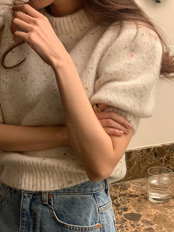 O λαιμόκοψη Μικτό σχέδιο χρωμάτων Φαρδιά κοντομάνικα πουλόβερ Γυναικεία απλά vintage άνοιξη καλοκαίρι 2023 Πλεκτά μπλουζάκια σε κορεατικό στυλ