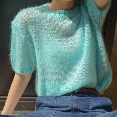 Άνοιξη Φθινόπωρο Καλοκαίρι Μονόχρωμο Πλεκτό πουλόβερ Γυναικείο Μπλουζάκι με λαιμόκοψη Γυναικείο μπλουζάκι με κοντό μανίκι πουλόβερ Γυναικεία μπλουζάκια