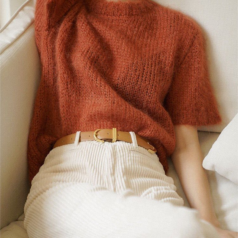 Άνοιξη Φθινόπωρο Καλοκαίρι Μονόχρωμο Πλεκτό πουλόβερ Γυναικείο Μπλουζάκι με λαιμόκοψη Γυναικείο μπλουζάκι με κοντό μανίκι πουλόβερ Γυναικεία μπλουζάκια