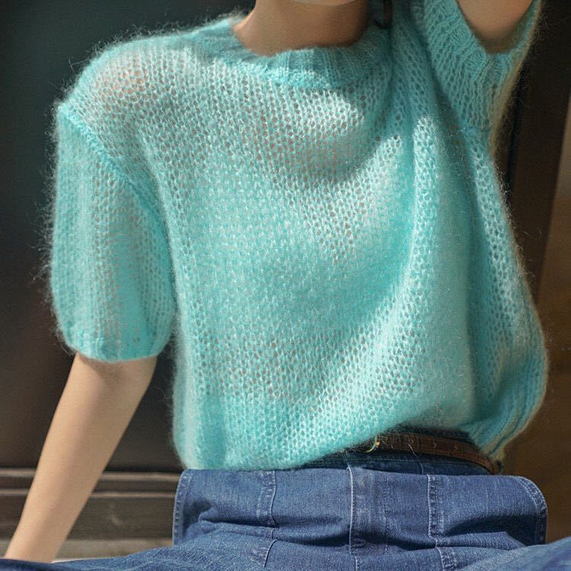 Άνοιξη Φθινόπωρο Καλοκαίρι Μονόχρωμο Πλεκτό πουλόβερ Γυναικείο Μπλουζάκι με λαιμόκοψη Γυναικείο μπλουζάκι με κοντό μανίκι πουλόβερ Γυναικεία μπλουζάκια