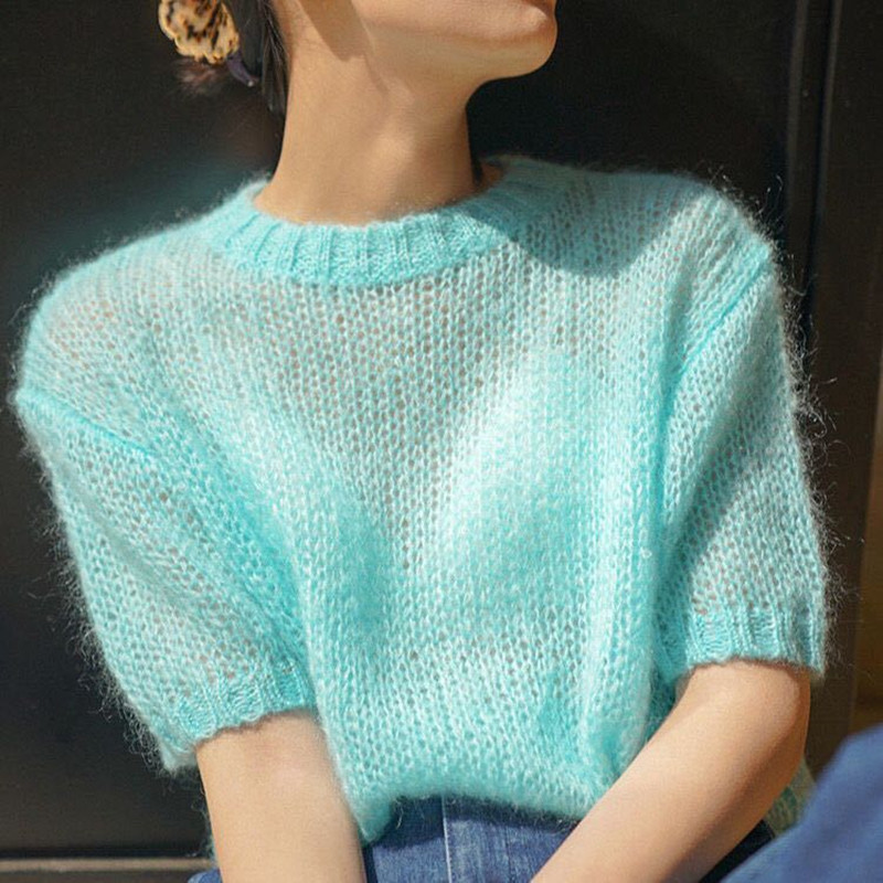 Άνοιξη Φθινόπωρο Καλοκαίρι Μονόχρωμο Πλεκτό πουλόβερ Γυναικείο Μπλουζάκι με λαιμόκοψη Γυναικείο μπλουζάκι με κοντό μανίκι πουλόβερ Γυναικεία μπλουζάκια