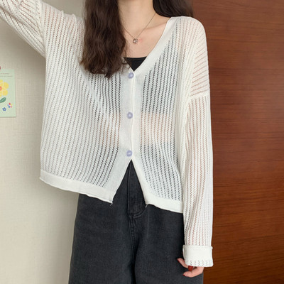 Kardigan Ženski tanki pleteni džemper otporan na sunce Izdubljeni ulični pulover Slobodno vrijeme Jesen Ins Moda Jednobojni Dnevni Elegantan Opušten Jednostavan