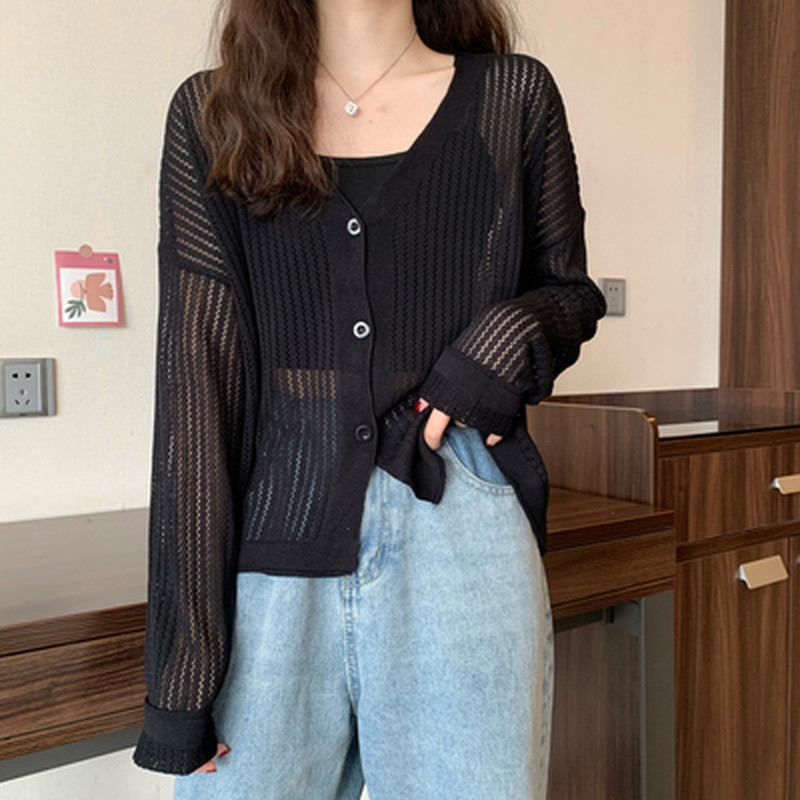 Kardigan Ženski tanki pleteni džemper otporan na sunce Izdubljeni ulični pulover Slobodno vrijeme Jesen Ins Moda Jednobojni Dnevni Elegantan Opušten Jednostavan