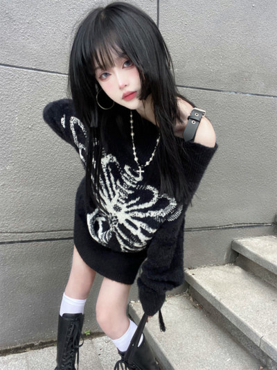 Tricoturi Top Pulover Garbage Imbracaminte stradala la moda Y2k Pulover estetic negru Imprimare cu cranii Pulover gotic pentru femei Harajuku looseeknit