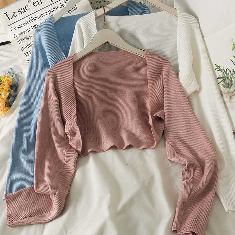 Culoare bomboană Ridicat din umeri scurte femei Pulovere de tricotat dulce Cusătură deschisă Solid Elegant OL Tender cu mânecă lungă Studenți Moale All-metch