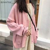 Moteriški megztiniai Solid Simple Basic Megztinis Kawaii Preppy Style Laisvalaikio ilgomis rankovėmis V formos iškirptės laisvi viršutiniai drabužiai Visiems tinkami rudens karšti