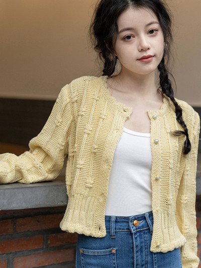 Kardigani Ženski šik korejski stil Novi dizajn Jesen Elegantna pletenina Mlade slatke djevojke S naboranim ovratnikom Jednostavno mekano toplo Višeslojno
