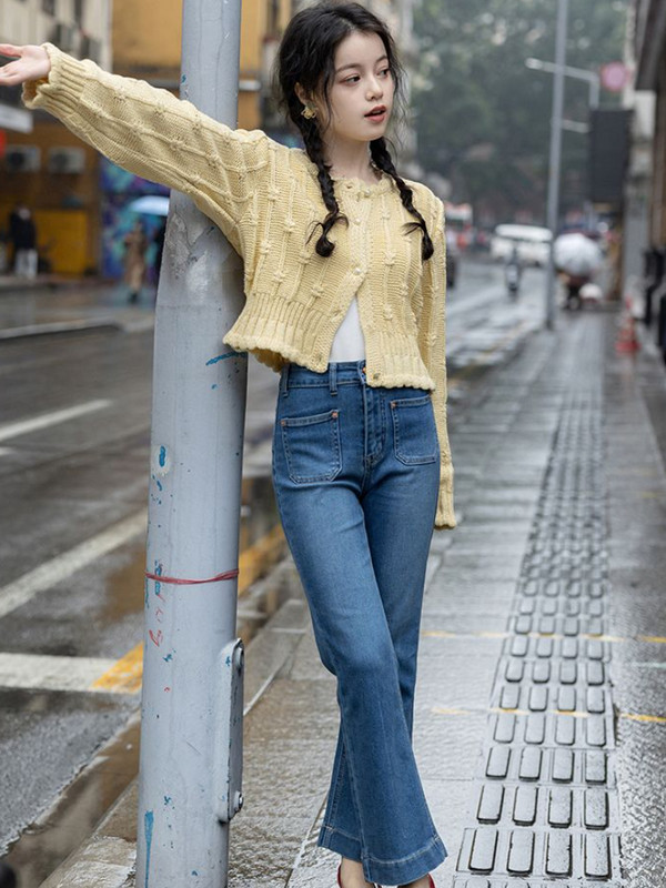 Kardigani Ženski šik korejski stil Novi dizajn Jesen Elegantna pletenina Mlade slatke djevojke S naboranim ovratnikom Jednostavno mekano toplo Višeslojno