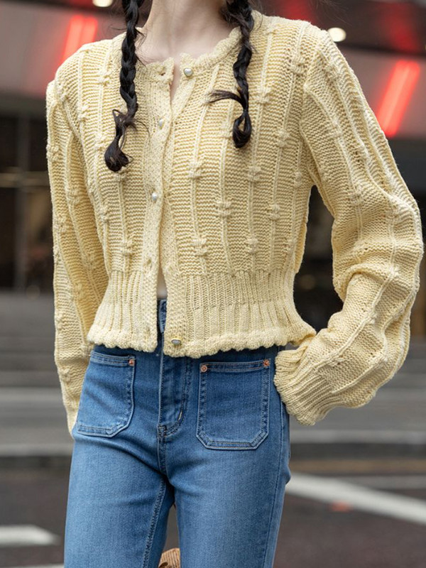 Kardigani Ženski šik korejski stil Novi dizajn Jesen Elegantna pletenina Mlade slatke djevojke S naboranim ovratnikom Jednostavno mekano toplo Višeslojno