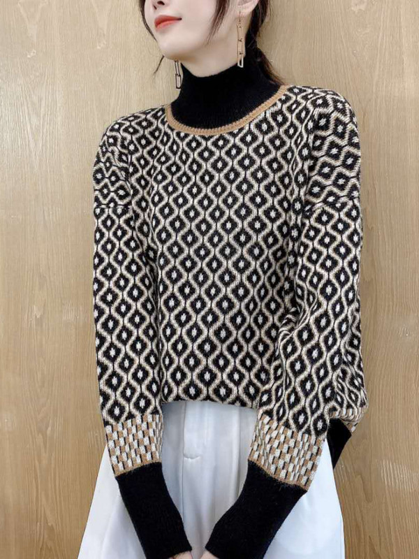 Ženski džemper s dolčevitom Jesen Zima Novi modni topli pulover Elegantna majica s dugim rukavima Opuštene ležerne retro ženske džempere