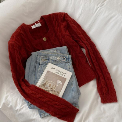 Kardigani Ženski Vintage jednobojni pleteni džemperi Zima Jesen Novi dolasci Chic Studenti Elegantna ženska moda Tanak korejski stil