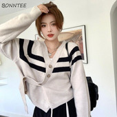 Sieviešu jaka trikotāžas ielu apģērbs sievietēm brīvajam laikam V-veida kakla svītrains korejiešu stilā ar garām piedurknēm pogas dizains brīvi pieguļošs, mīksts