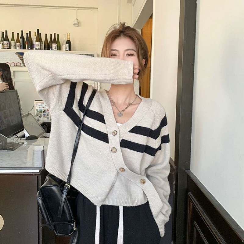 Ženski kardigan, pletena ulična odjeća, ženska, za slobodno vrijeme, s V-izrezom, prugasti, korejski stil, dizajn dugih rukava, široki kroj, mekani za sve