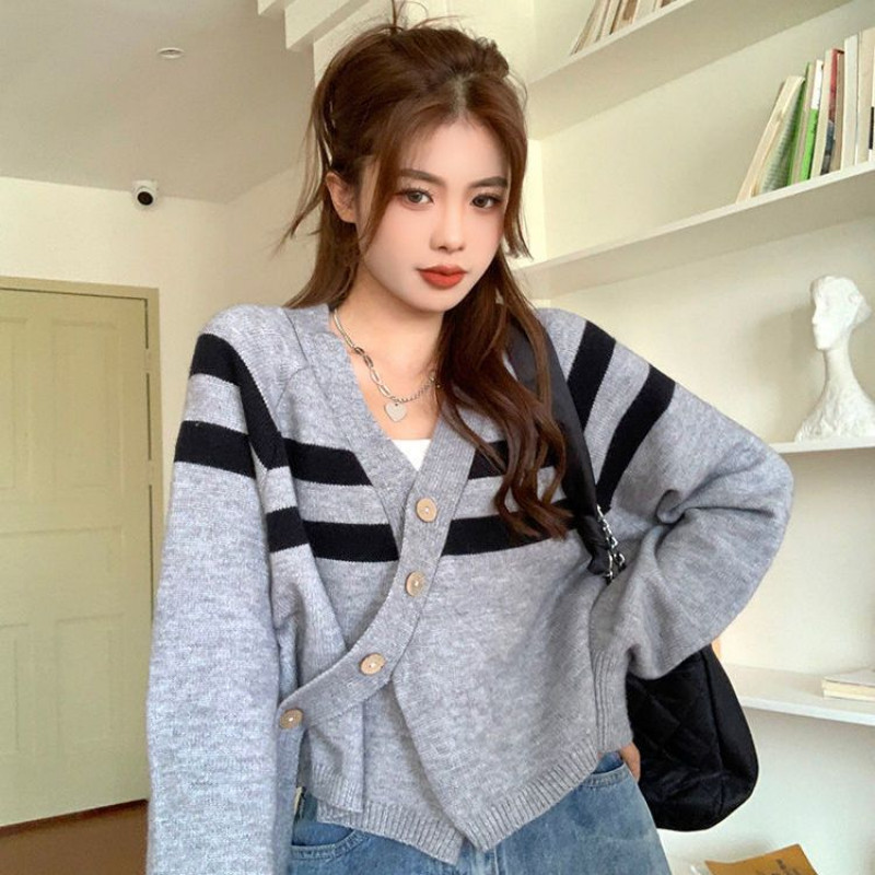 Ženski kardigan, pletena ulična odjeća, ženska, za slobodno vrijeme, s V-izrezom, prugasti, korejski stil, dizajn dugih rukava, široki kroj, mekani za sve
