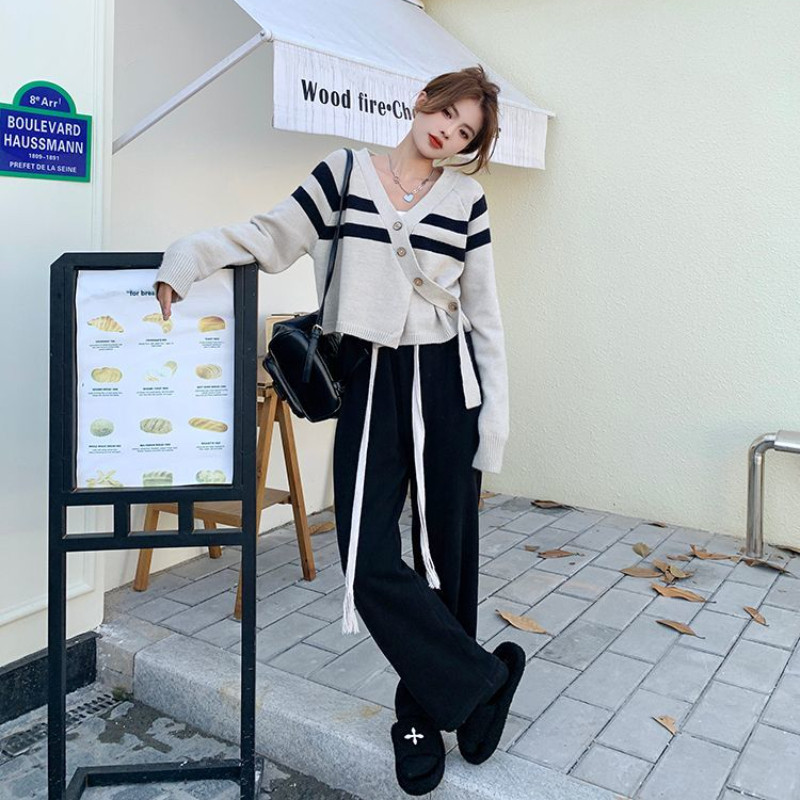 Ženski kardigan, pletena ulična odjeća, ženska, za slobodno vrijeme, s V-izrezom, prugasti, korejski stil, dizajn dugih rukava, široki kroj, mekani za sve