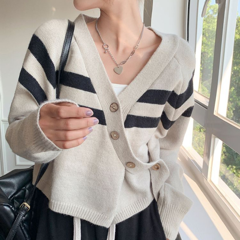 Ženski kardigan, pletena ulična odjeća, ženska, za slobodno vrijeme, s V-izrezom, prugasti, korejski stil, dizajn dugih rukava, široki kroj, mekani za sve