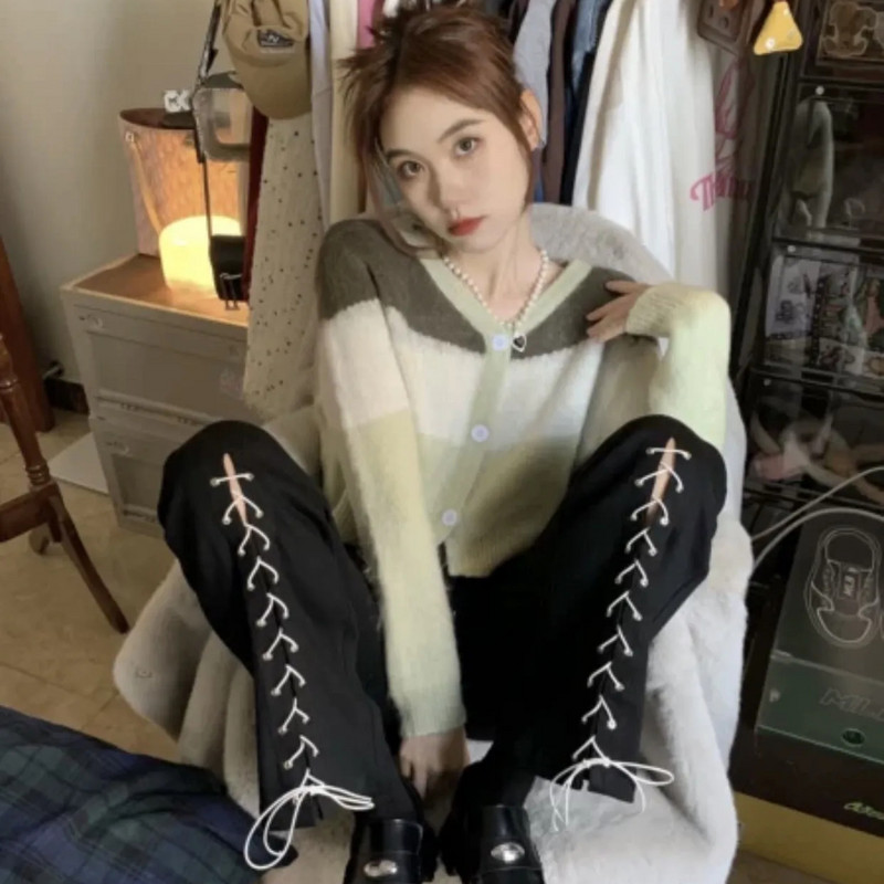 Moteriškas megztinis japoniškas senovinis kratinys, švelnus megztinis Naujas rudeninis apkarpytas laisvas, ilgomis rankovėmis trikotažo drabužiai Mujer