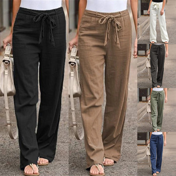 Γυναικείο παντελόνι από βαμβακερό λινό καλοκαιρινό μονόχρωμο ριχτό ελαστικό παντελόνι μέσης πολυεστέρα Lace Up Φαρδύ παντελόνι ίσιο παντελόνι