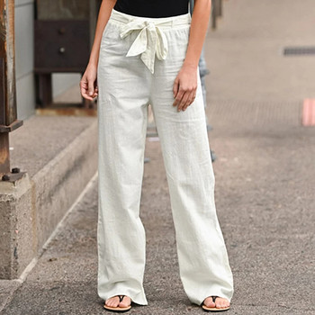 Γυναικείο παντελόνι από βαμβακερό λινό καλοκαιρινό μονόχρωμο ριχτό ελαστικό παντελόνι μέσης πολυεστέρα Lace Up Φαρδύ παντελόνι ίσιο παντελόνι