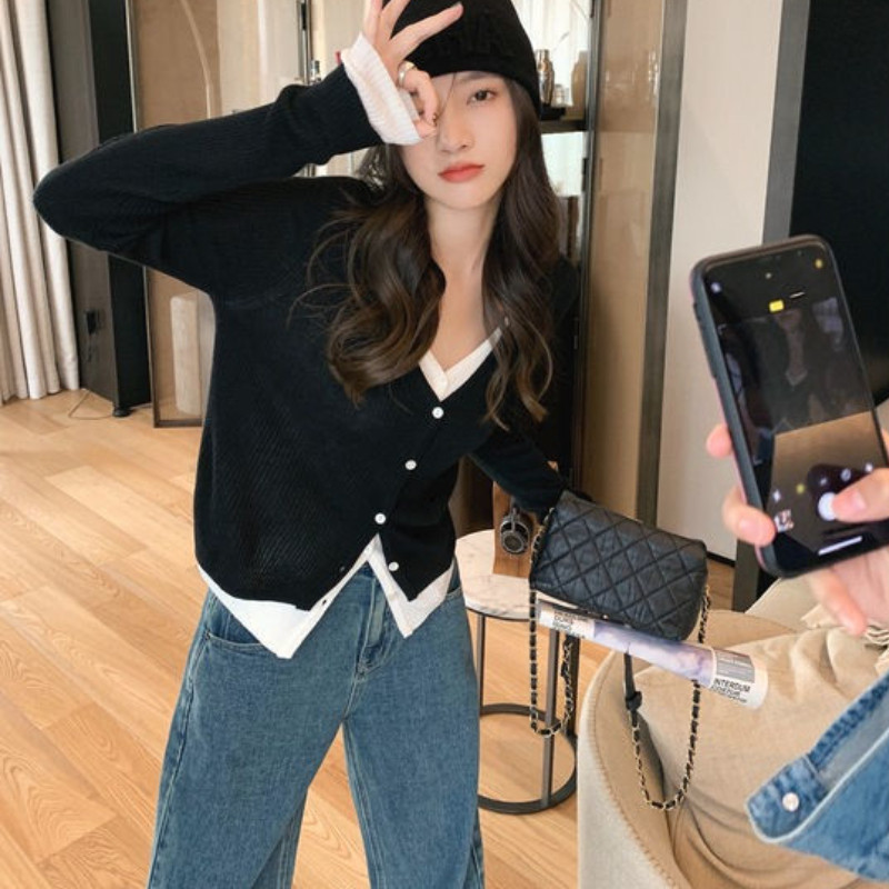 Lažni dvodijelni kardigan Ženski obloženi patchwork Personality Tanak seksi slatki proljetni dizajn Jednostavan džemper Ulzzang Chic Ženski