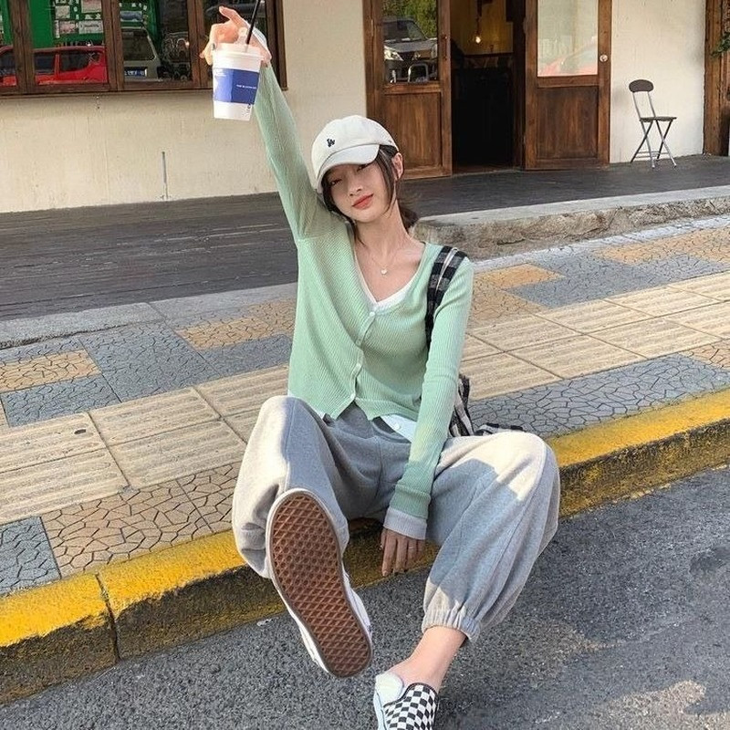 Lažni dvodijelni kardigan Ženski obloženi patchwork Personality Tanak seksi slatki proljetni dizajn Jednostavan džemper Ulzzang Chic Ženski