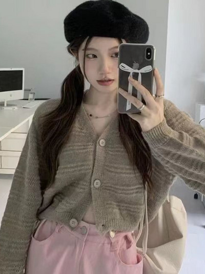 Pleteni kardigani Ženski skraćeni dizajn Opušteni V-izrez za slobodno vrijeme Slatki, udobni, nježni Harajuku Uredski ženski šik modni OOTD