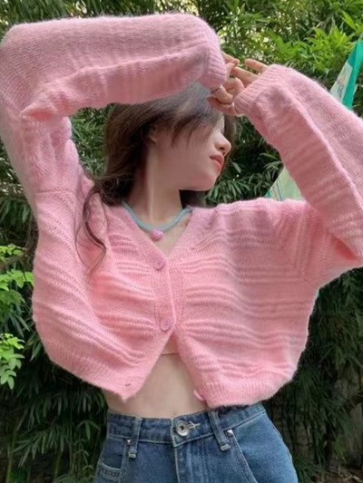 Pleteni kardigani Ženski skraćeni dizajn Opušteni V-izrez za slobodno vrijeme Slatki, udobni, nježni Harajuku Uredski ženski šik modni OOTD
