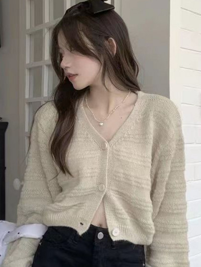 Pleteni kardigani Ženski skraćeni dizajn Opušteni V-izrez za slobodno vrijeme Slatki, udobni, nježni Harajuku Uredski ženski šik modni OOTD