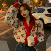 Džemperi Ženski print dugih rukava s V-izrezom Slatki, udobni ženski kardigan Pletena odjeća Ležerna višeslojna topla studentska jesenski šik