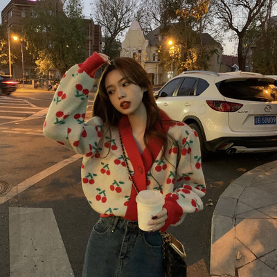 Džemperi Ženski print dugih rukava s V-izrezom Slatki, udobni ženski kardigan Pletena odjeća Ležerna višeslojna topla studentska jesenski šik