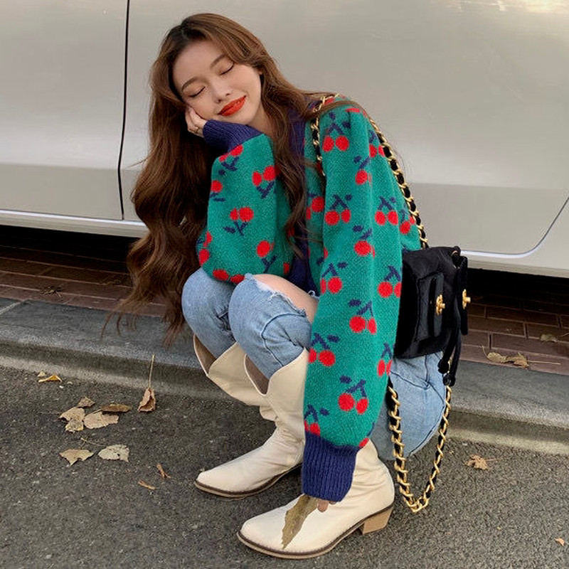 Džemperi Ženski print dugih rukava s V-izrezom Slatki, udobni ženski kardigan Pletena odjeća Ležerna višeslojna topla studentska jesenski šik