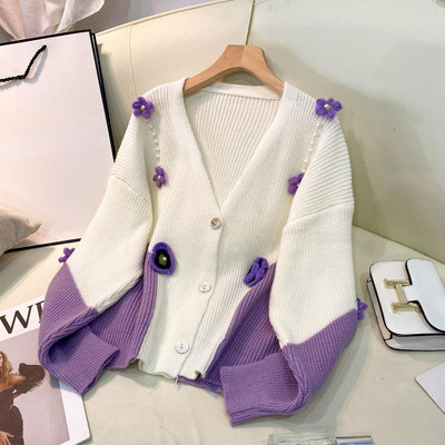 Ženski kardigan za pletenje, jednoredno kopčanje, slatki V-izrez, udoban, nježan, sveobuhvatan, slobodno vrijeme, šik, korejski stil, dame, jesen, udoban