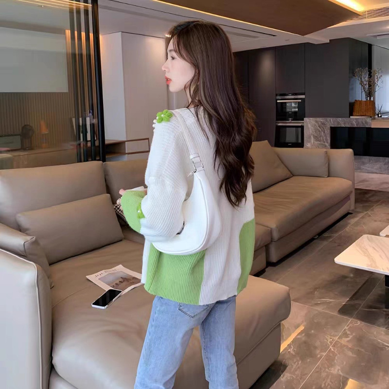 Ženski kardigan za pletenje, jednoredno kopčanje, slatki V-izrez, udoban, nježan, sveobuhvatan, slobodno vrijeme, šik, korejski stil, dame, jesen, udoban