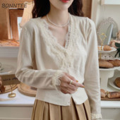 Ζακέτα για Γυναικεία Δαντέλα Σχέδιο V-λαιμόκοψη Τρυφερό Lady Classic Pure All-Match Retro Basic Temperament Κορεατικό στυλ μόδας Cozy Chic