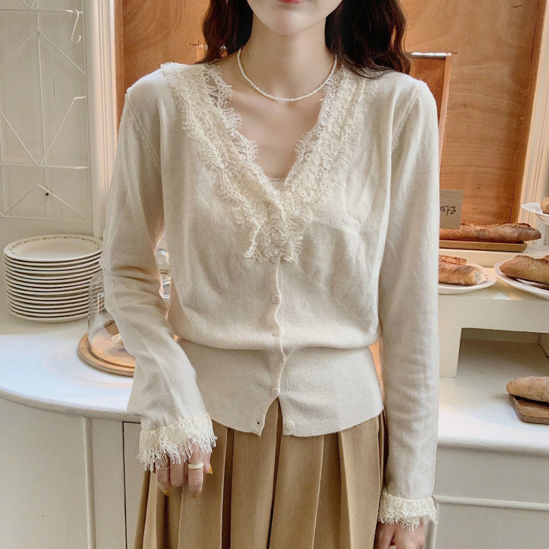 Ζακέτα για Γυναικεία Δαντέλα Σχέδιο V-λαιμόκοψη Τρυφερό Lady Classic Pure All-Match Retro Basic Temperament Κορεατικό στυλ μόδας Cozy Chic