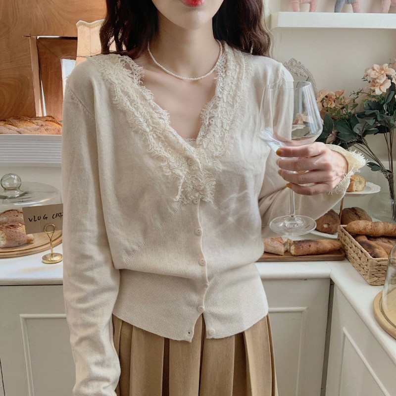 Ζακέτα για Γυναικεία Δαντέλα Σχέδιο V-λαιμόκοψη Τρυφερό Lady Classic Pure All-Match Retro Basic Temperament Κορεατικό στυλ μόδας Cozy Chic