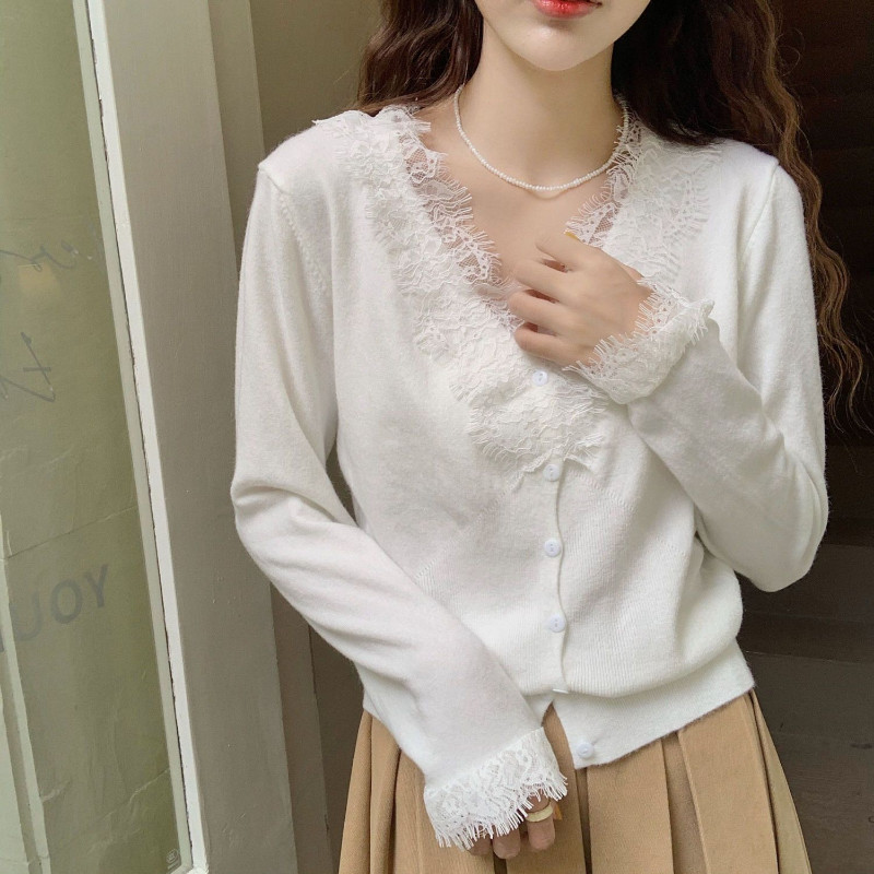 Ζακέτα για Γυναικεία Δαντέλα Σχέδιο V-λαιμόκοψη Τρυφερό Lady Classic Pure All-Match Retro Basic Temperament Κορεατικό στυλ μόδας Cozy Chic