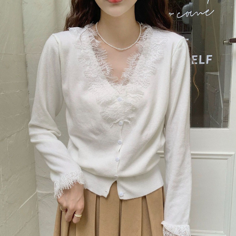 Ζακέτα για Γυναικεία Δαντέλα Σχέδιο V-λαιμόκοψη Τρυφερό Lady Classic Pure All-Match Retro Basic Temperament Κορεατικό στυλ μόδας Cozy Chic