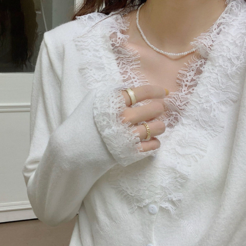 Ζακέτα για Γυναικεία Δαντέλα Σχέδιο V-λαιμόκοψη Τρυφερό Lady Classic Pure All-Match Retro Basic Temperament Κορεατικό στυλ μόδας Cozy Chic