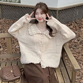 Crew Neck Cardigan Women Hollow Out Lovely Basics Ins Autumn Prevalent Retro Simple All-match Καθημερινή Δημιουργικότητα Γυναίκες Σαγηνευτικές