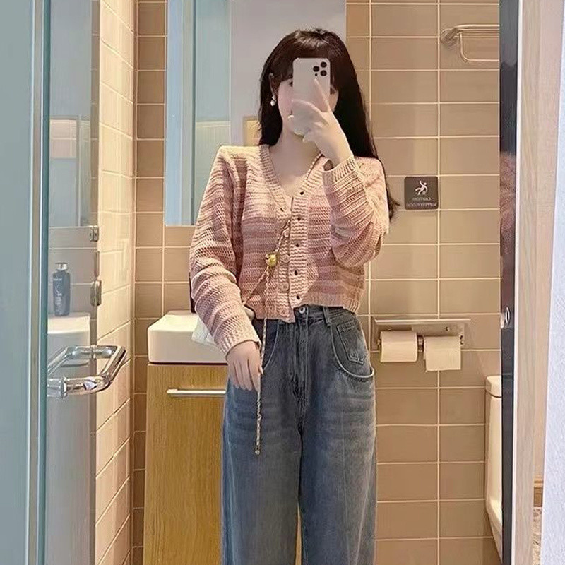 Ženski kardigan kratkih rukava Ružičasti lijepog temperamenta Jesenski ženski ležerni Harajuku elegantan stil High Street Studentski džemper za sve vrste