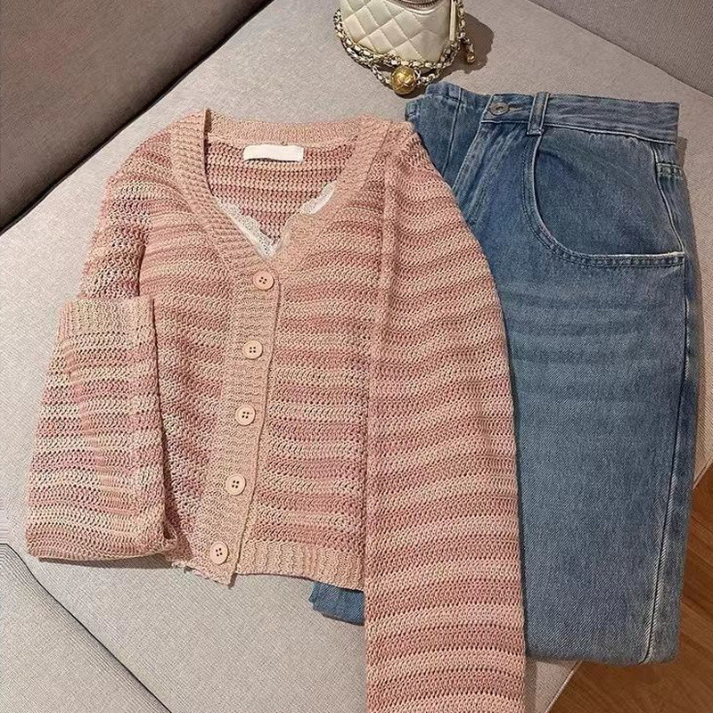 Ženski kardigan kratkih rukava Ružičasti lijepog temperamenta Jesenski ženski ležerni Harajuku elegantan stil High Street Studentski džemper za sve vrste