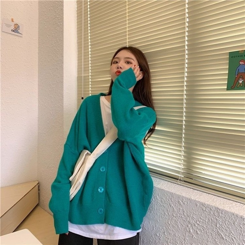 Ženski vintage opušteni kardigan, studentski, proljeće jesen, korejski stil, sveobuhvatni, pleteni, elegantni, jednobojni, jednobojni, v-izrez, jednostavni