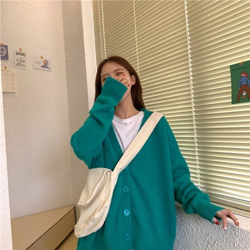 Ženski vintage opušteni kardigan, studentski, proljeće jesen, korejski stil, sveobuhvatni, pleteni, elegantni, jednobojni, jednobojni, v-izrez, jednostavni